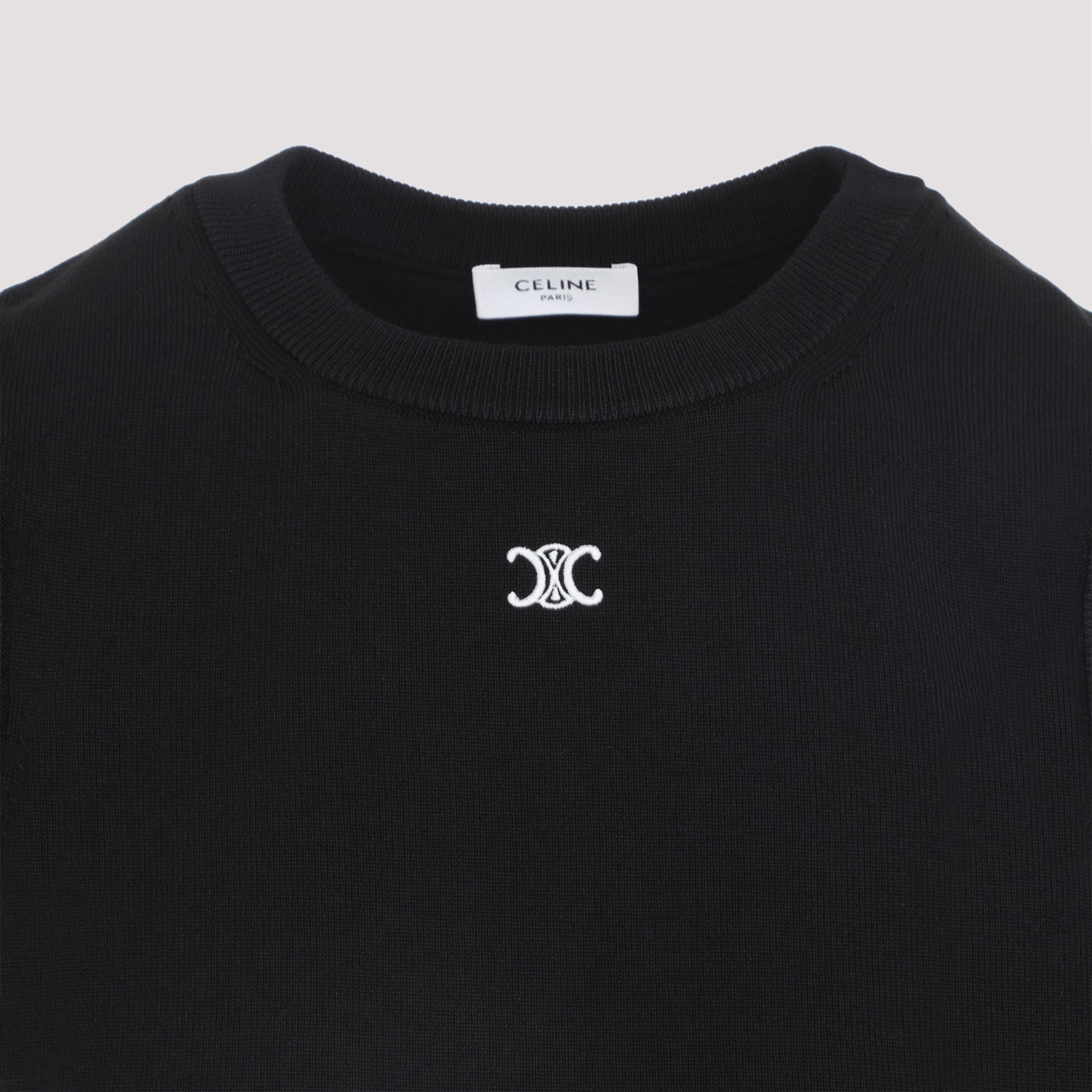 Black Celine wool blend top with crew neckline, full view