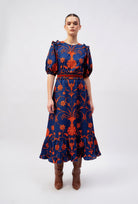 Multicolor floral midi dress with off-shoulder neckline by Beyond by Vera, front view