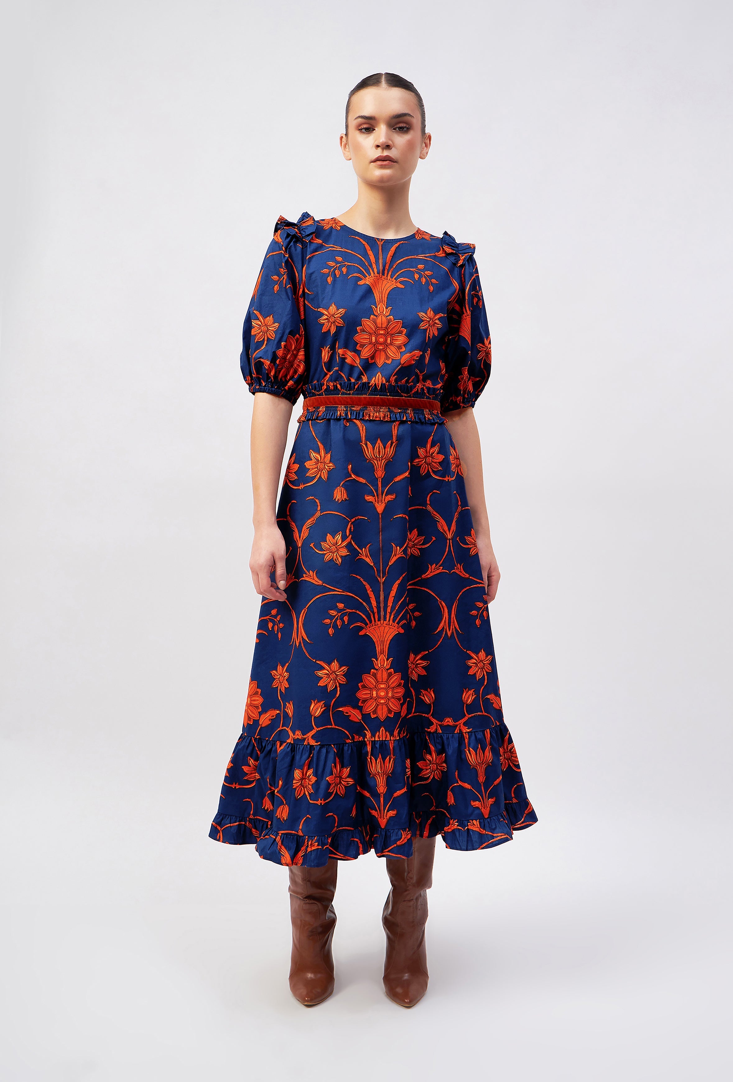 Multicolor floral midi dress with off-shoulder neckline by Beyond by Vera, front view