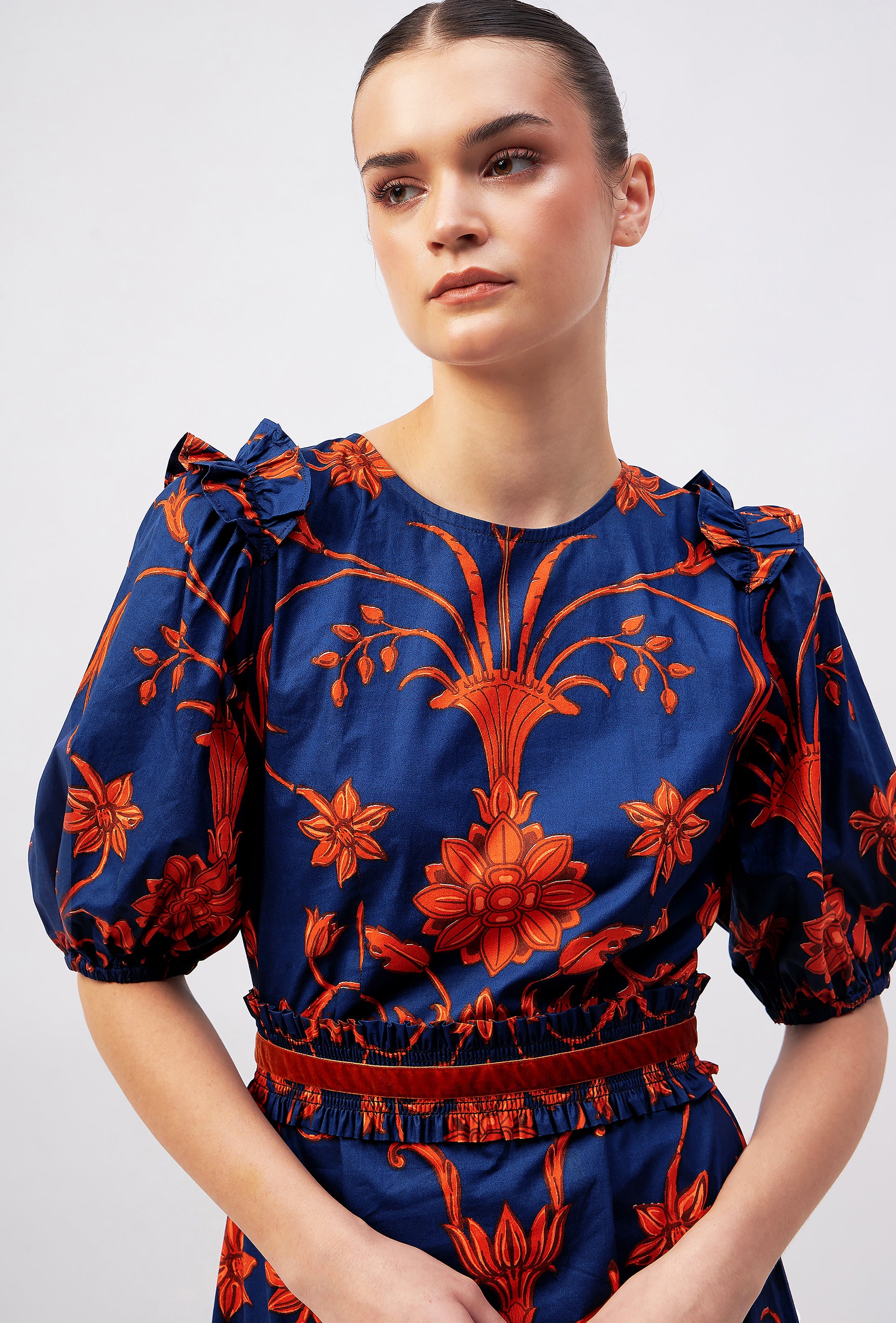 Floral midi dress with puffed three-quarter sleeves by Beyond by Vera, side view