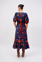 Beyond by Vera floral midi dress showing A-line silhouette, back view