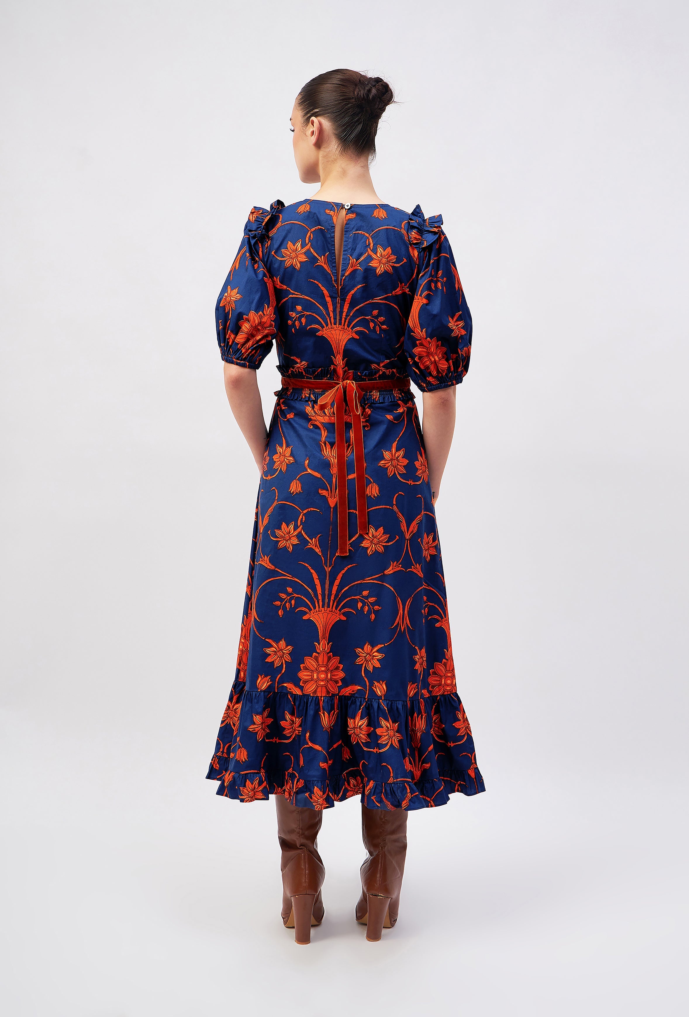 Beyond by Vera floral midi dress showing A-line silhouette, back view