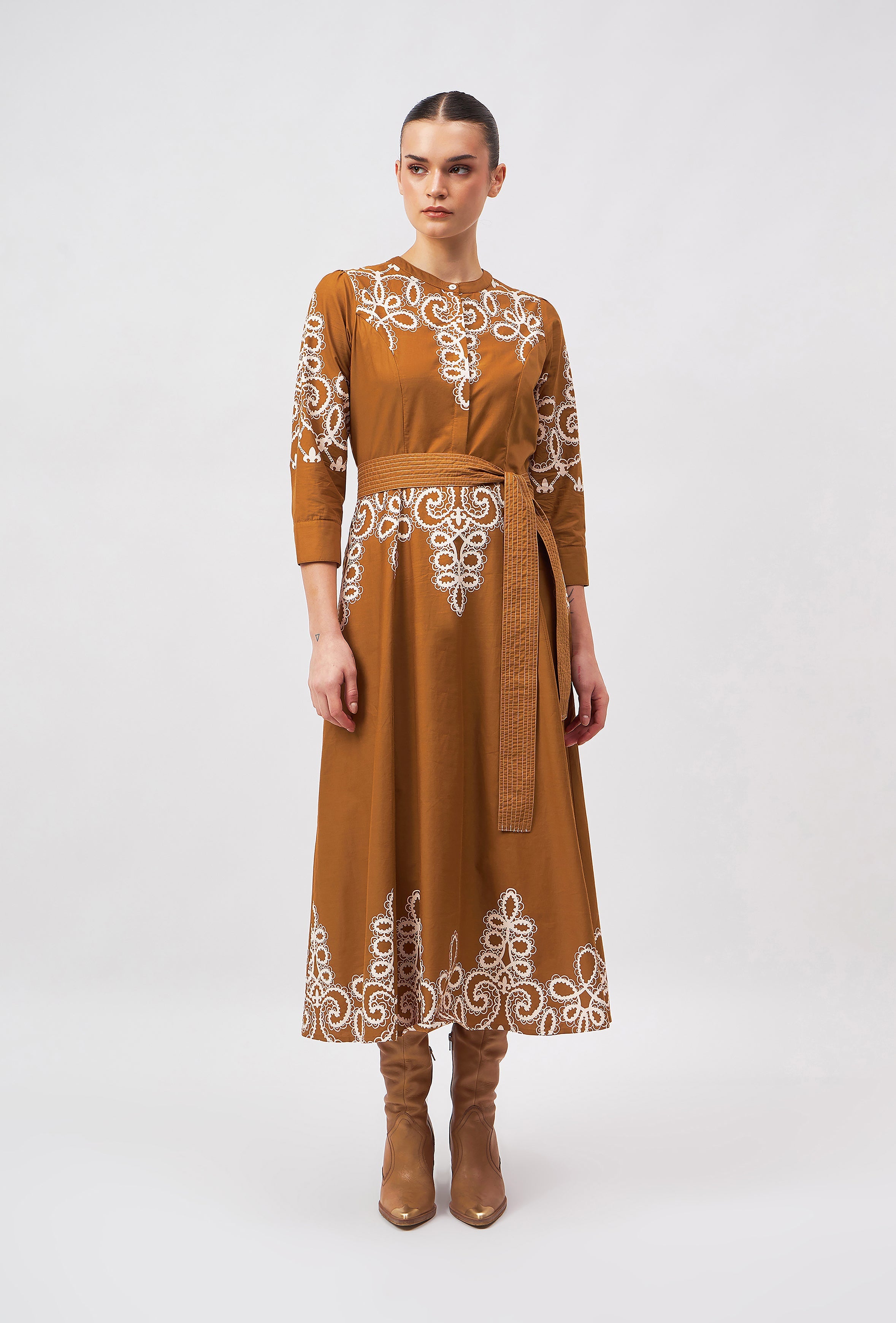 Beyond by Vera Harper silk dress on model, front three-quarter view