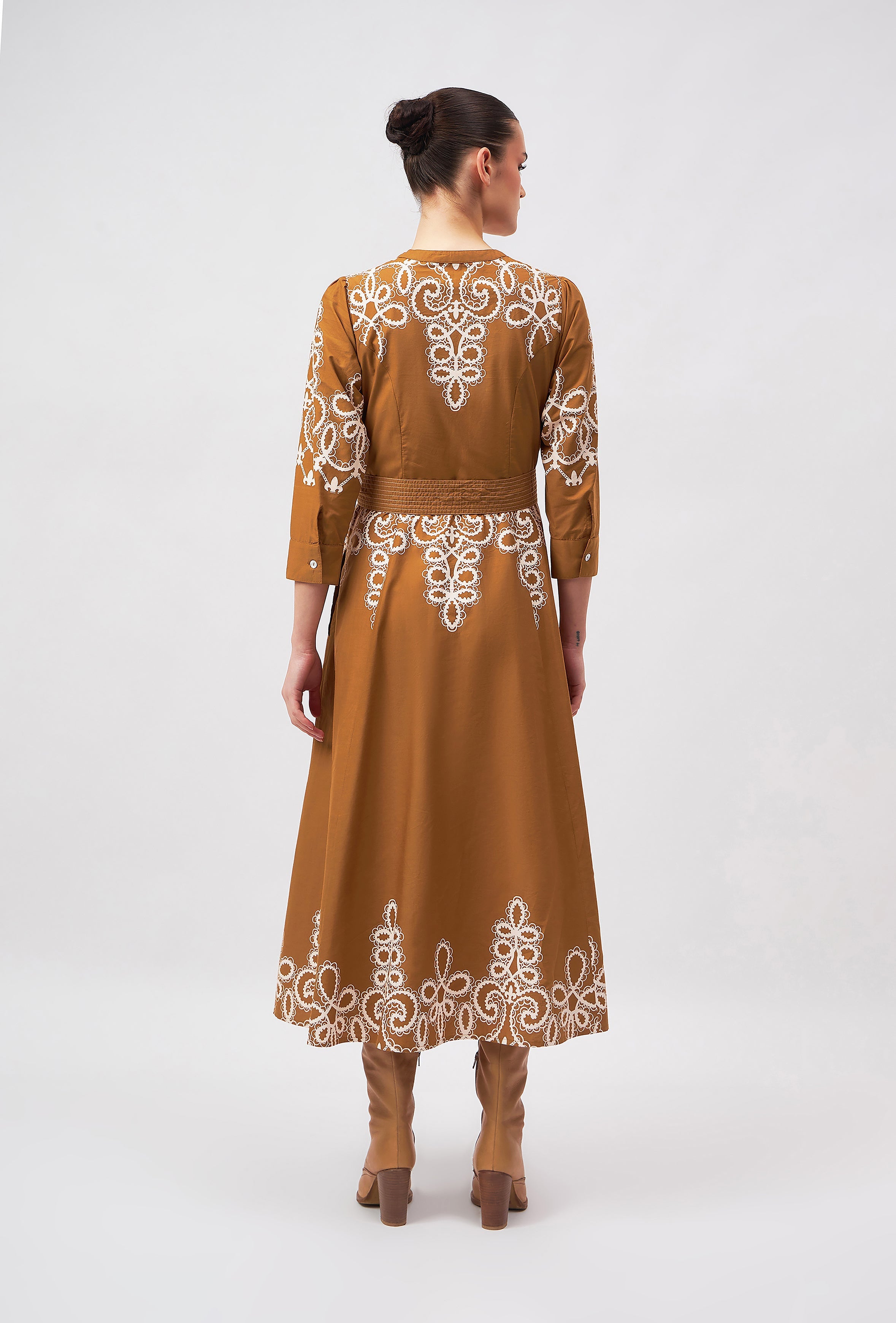Harper embroidered silk dress by Beyond by Vera, full length side view