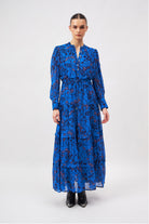 Botanical print dress with V-neckline and collar ties, detail view by Beyond by Vera