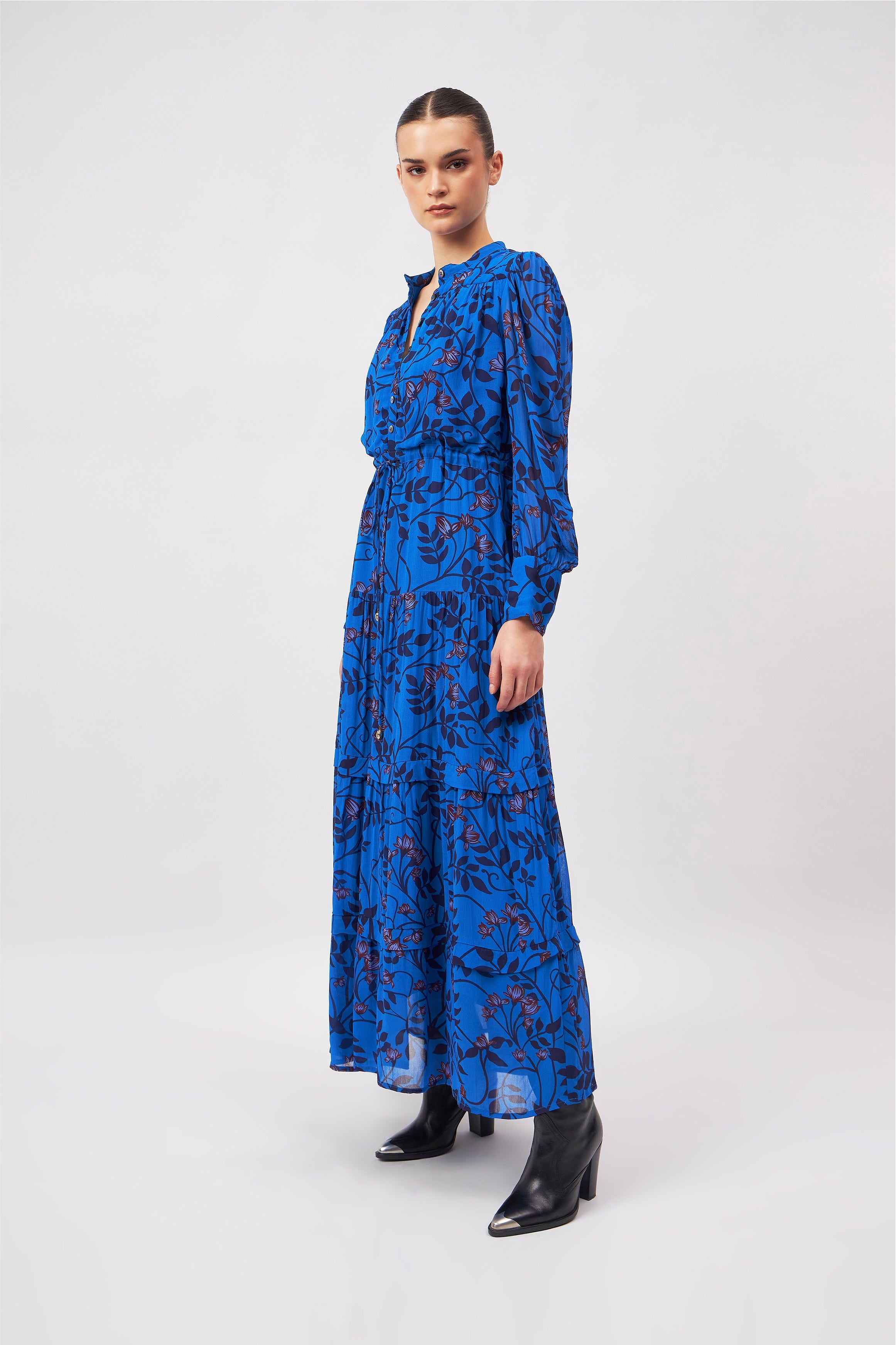 Sissi dress with self-tie cinch waist, three-quarter view by Beyond by Vera