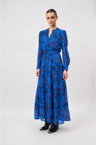 Tiered A-line maxi dress with Moroccan print, back view by Beyond by Vera