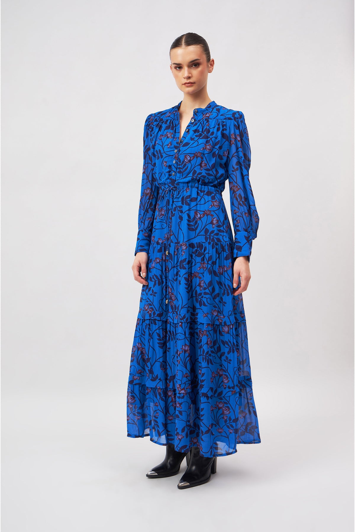 Tiered A-line maxi dress with Moroccan print, back view by Beyond by Vera