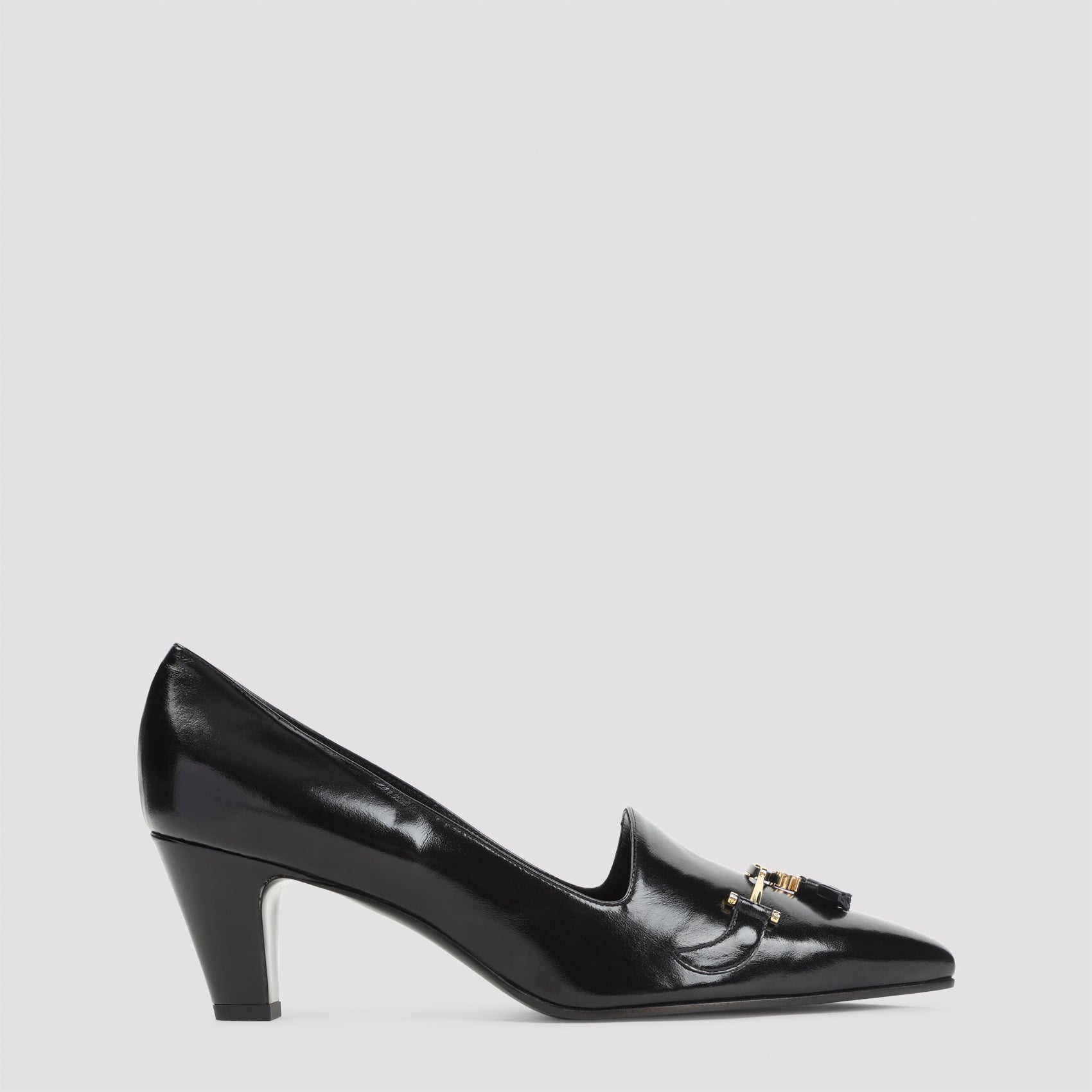 Black calfskin Celine Queen Pumps with gold-tone Triomphe detail, side view