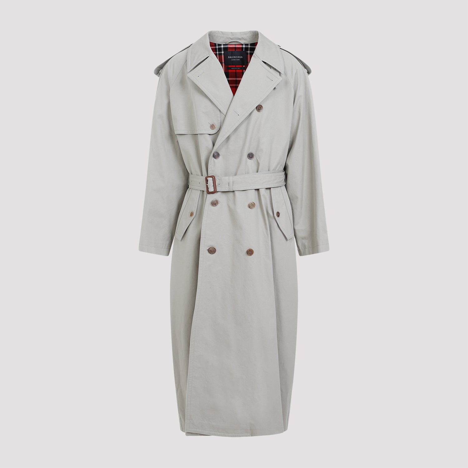 Beige Balenciaga military coat with double-breasted front, full-length view by Balenciaga
