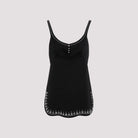 Black Rabanne mini dress with silver studded trim, front view by Rabanne