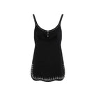 Black Rabanne mini dress with asymmetric hem, side view by Rabanne