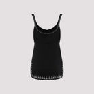 Black Rabanne mini dress with thin shoulder straps, detail view by Rabanne