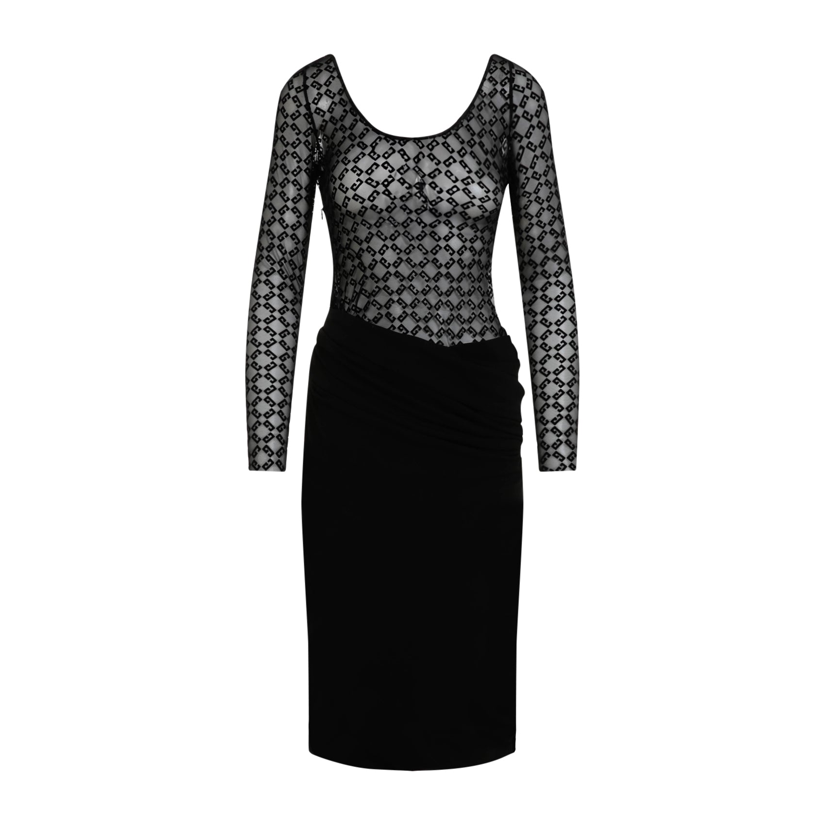 Black Givenchy midi dress with draped waist detail, side angle