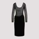 Black Givenchy midi dress showing transparent logo bodice, close-up