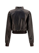 Dark chocolate Gucci bomber jacket with satin-effect trims, detail view