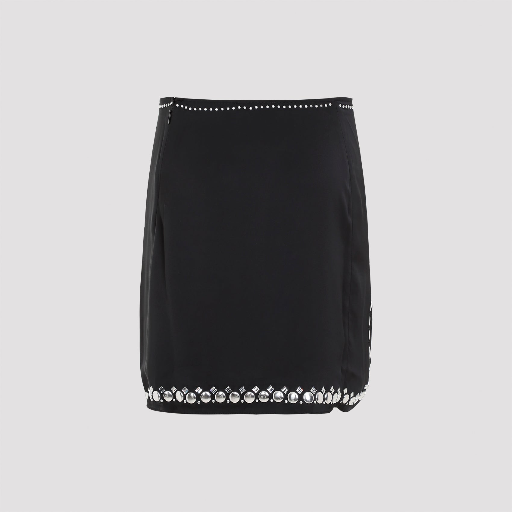 Black Rabanne mini skirt detail of studded and sequinned trim