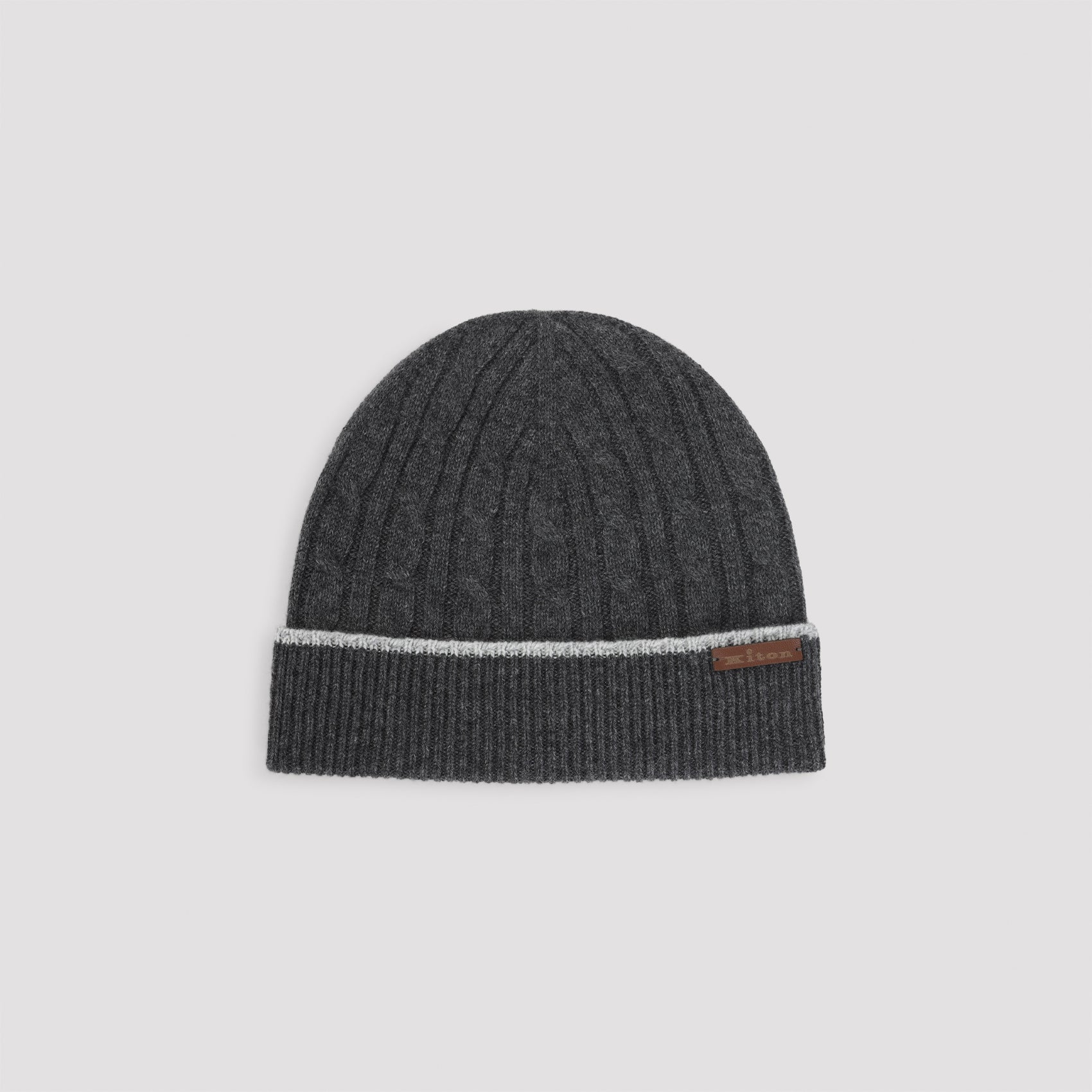 Dark grey Kiton cable-knit beanie with ribbed brim, front view