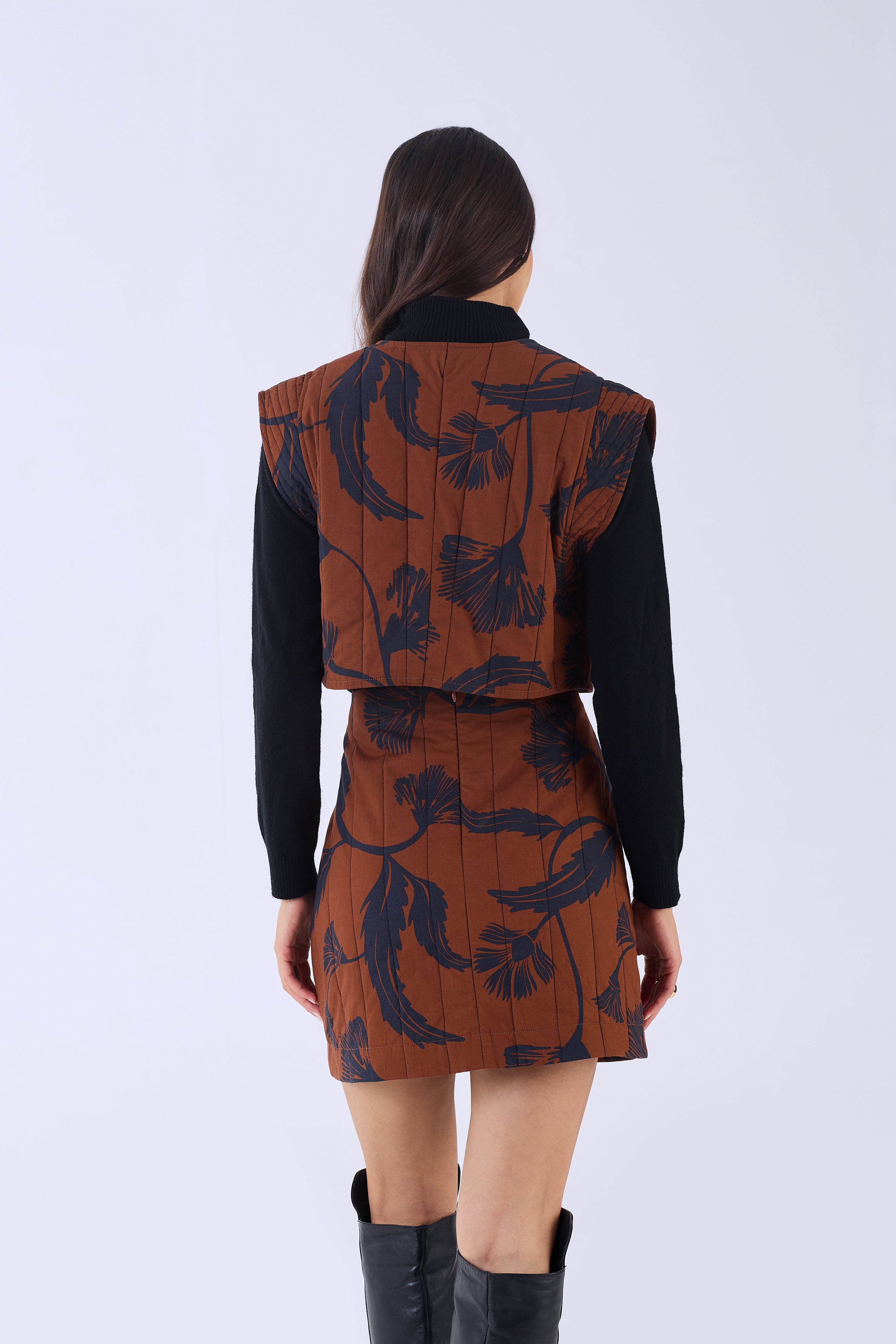 Noir Bloom pattern detail on Beyond by Vera cotton poplin vest