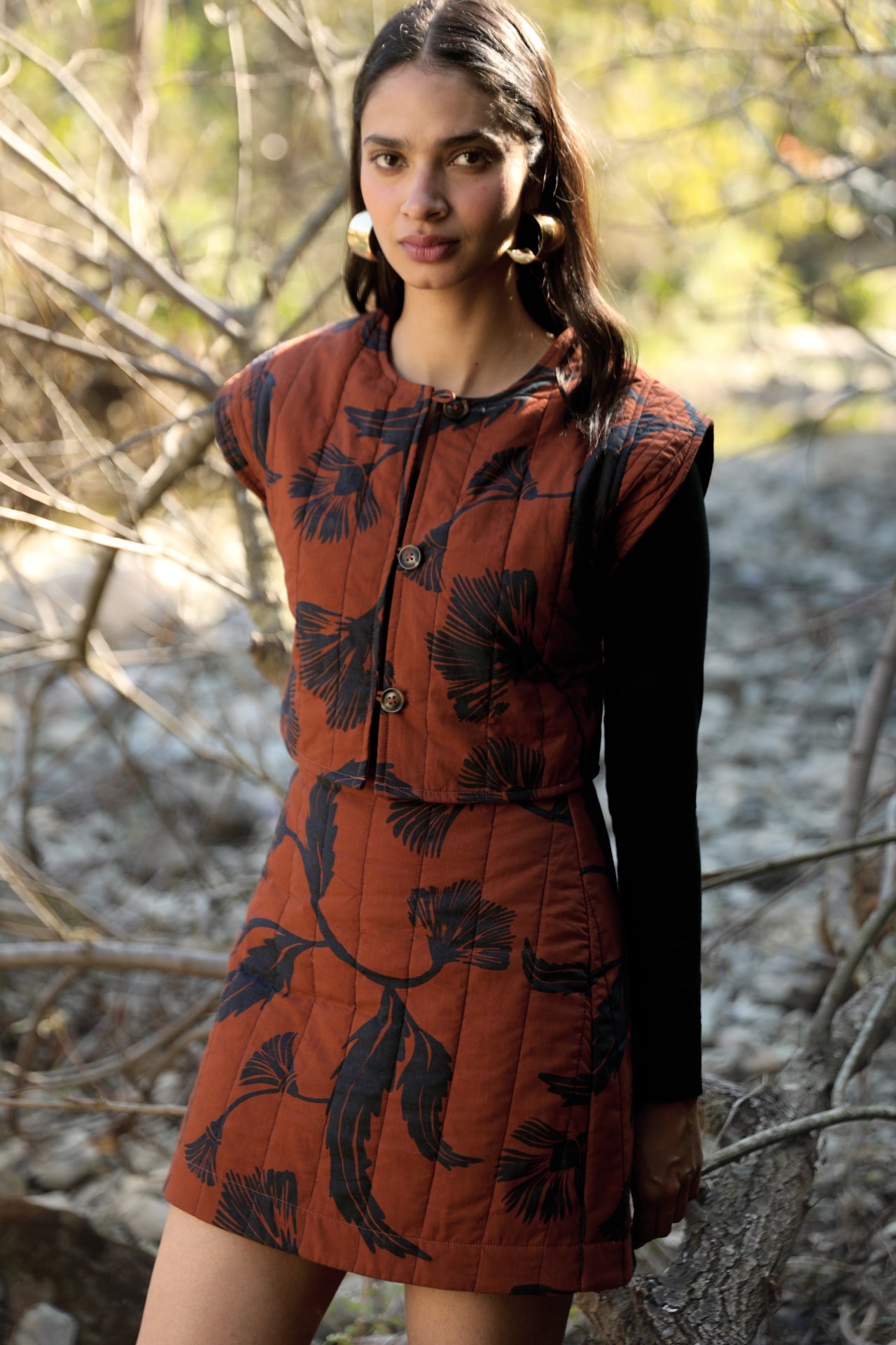 Beyond by Vera cotton poplin vest with shadow floral pattern, styled view