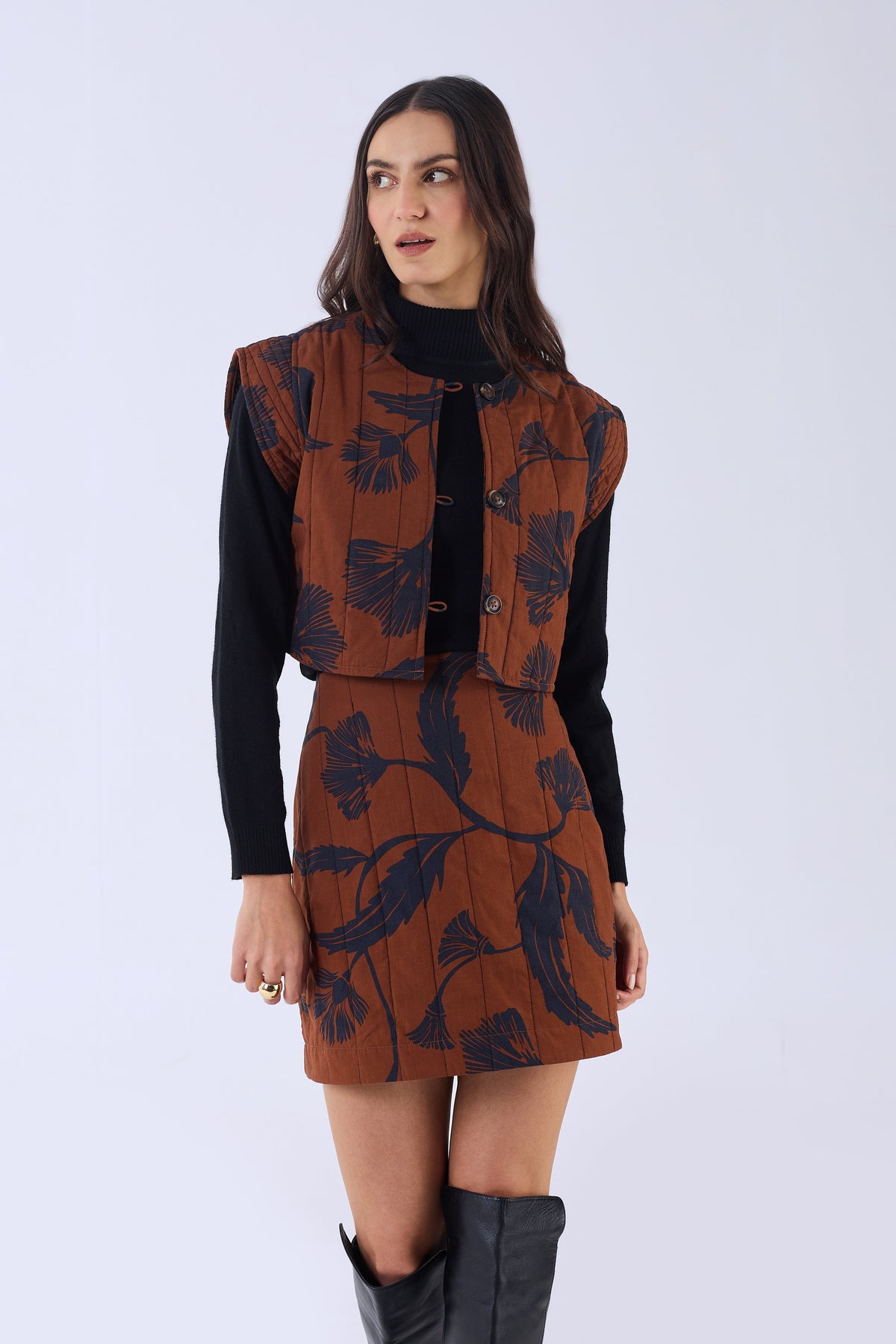 Quilted cotton poplin A-line skirt by Beyond by Vera, three-quarter view
