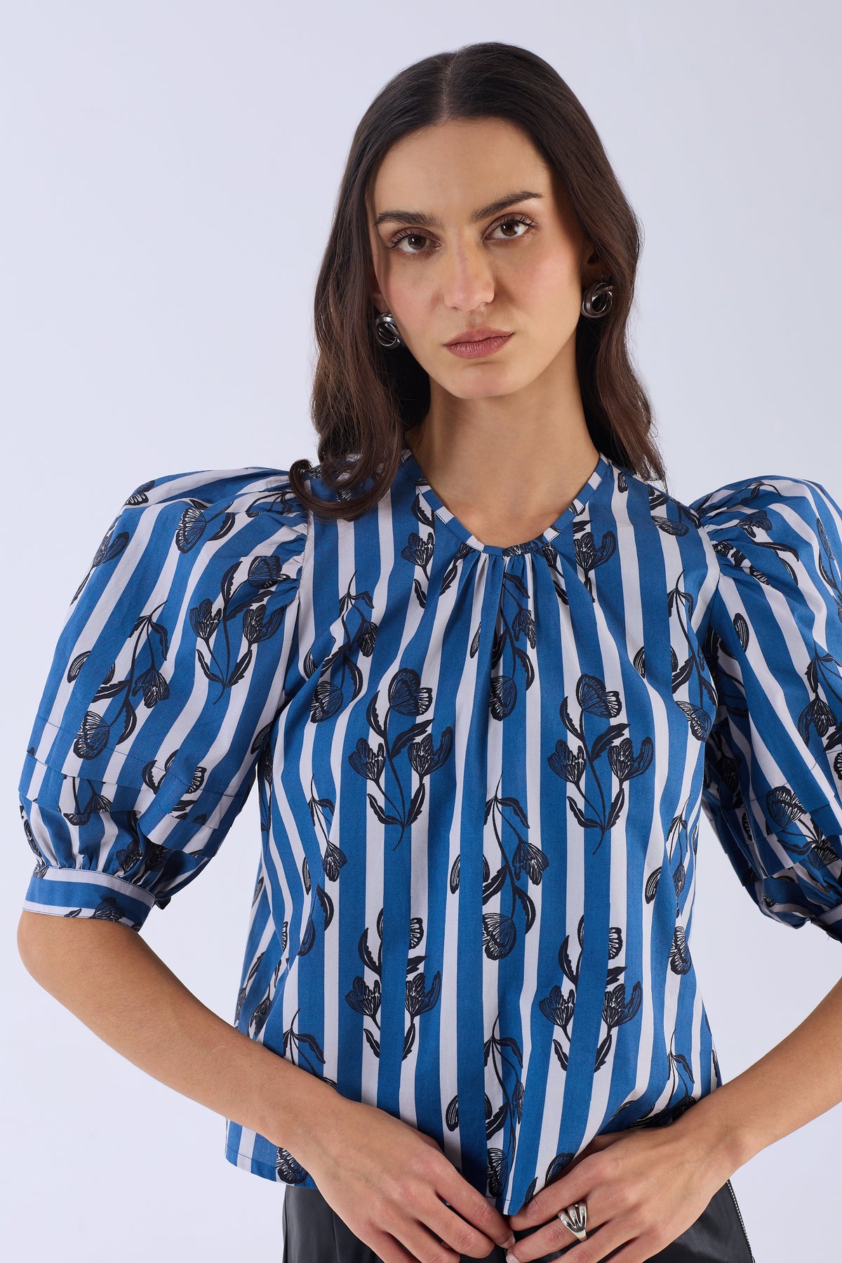 Beyond by Vera cotton poplin blouse with wildflower print, worn front view