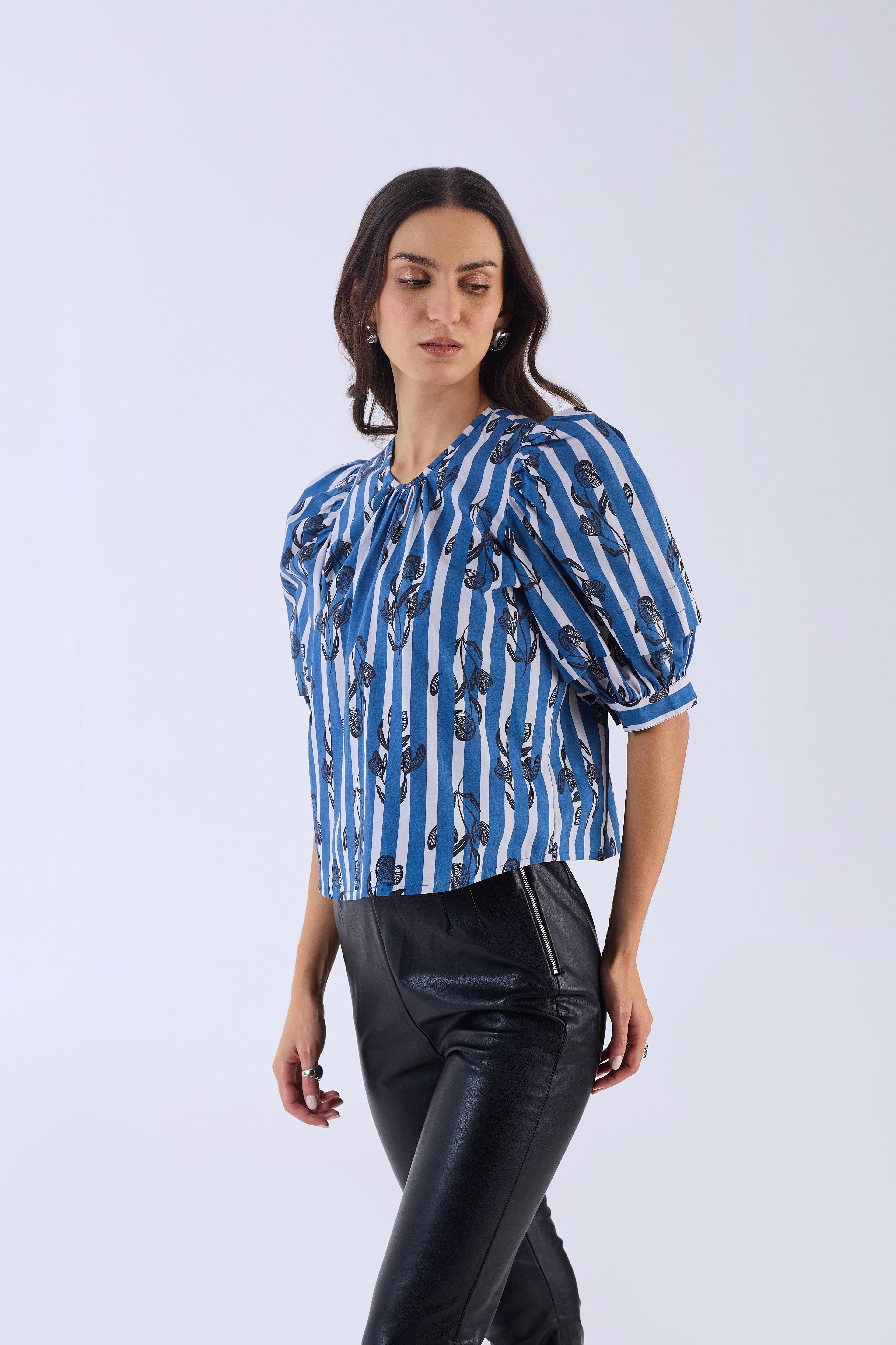 Multicolor floral Lilly blouse by Beyond by Vera, worn side angle