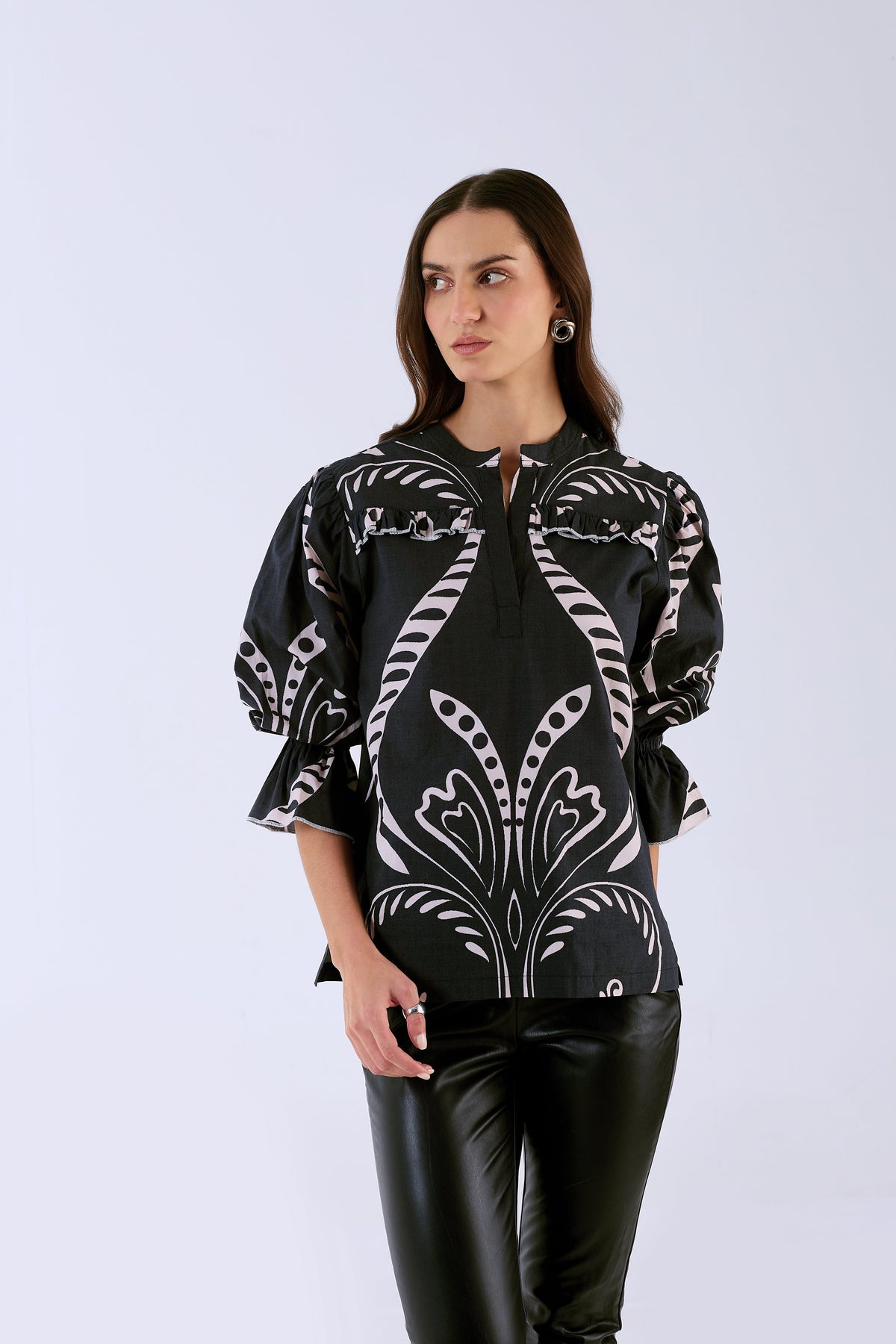 Multicolor Fountain print blouse with relaxed silhouette, three-quarter view