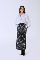 Fitted midi skirt in Fountain print by Beyond by Vera, full-length front view