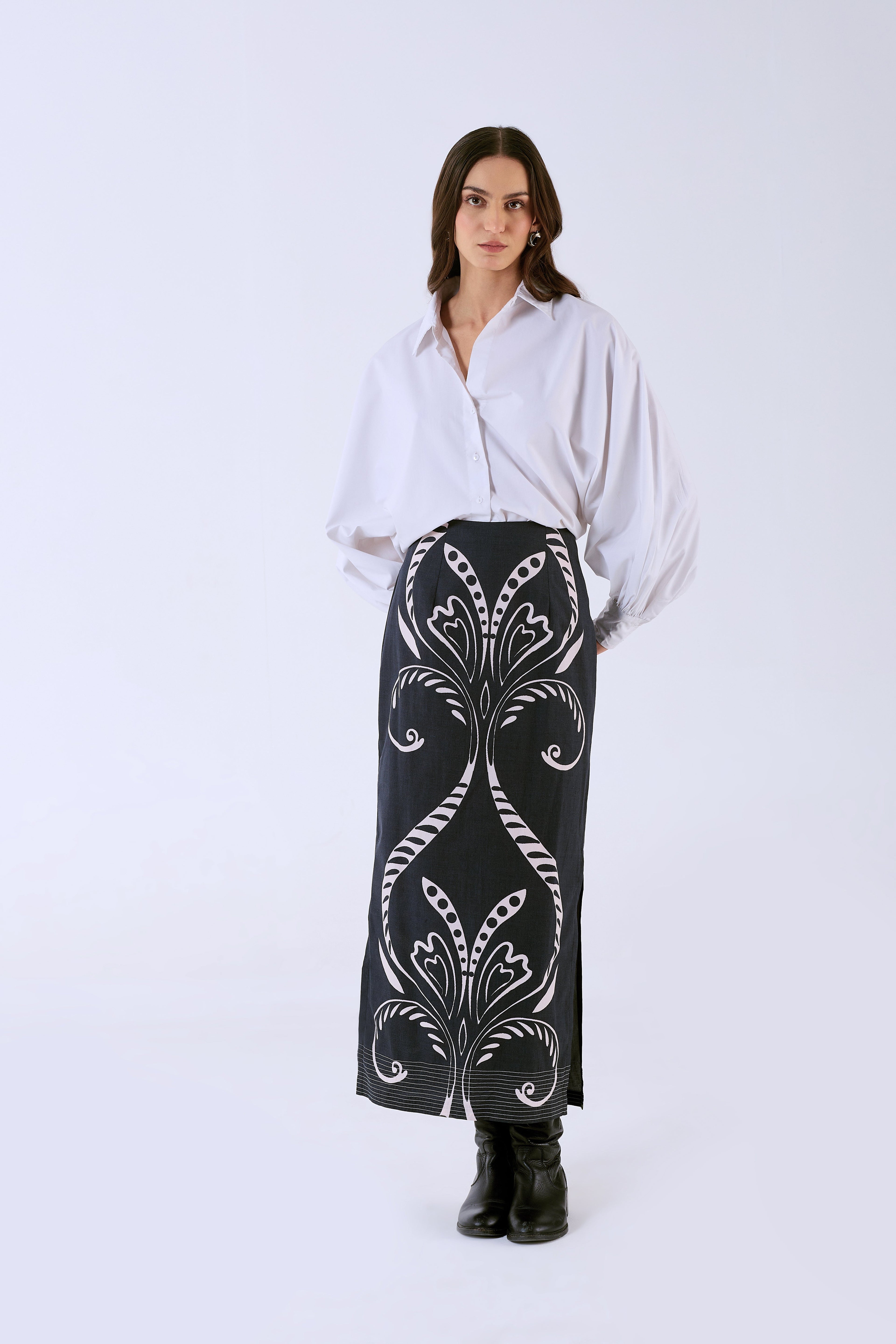 Fitted midi skirt in Fountain print by Beyond by Vera, full-length front view
