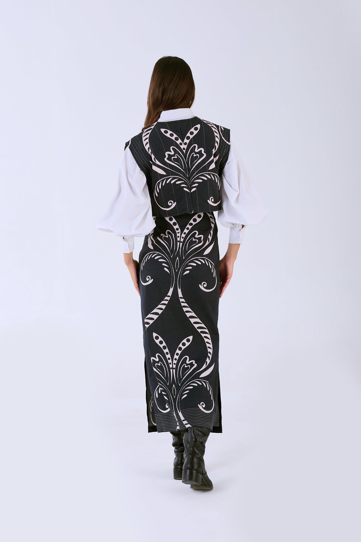 Aspen midi skirt by Beyond by Vera in Fountain print, rear three-quarter view