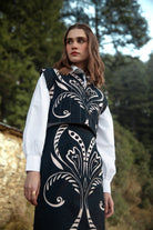 Black embroidered Fountain print skirt by Beyond by Vera, back view