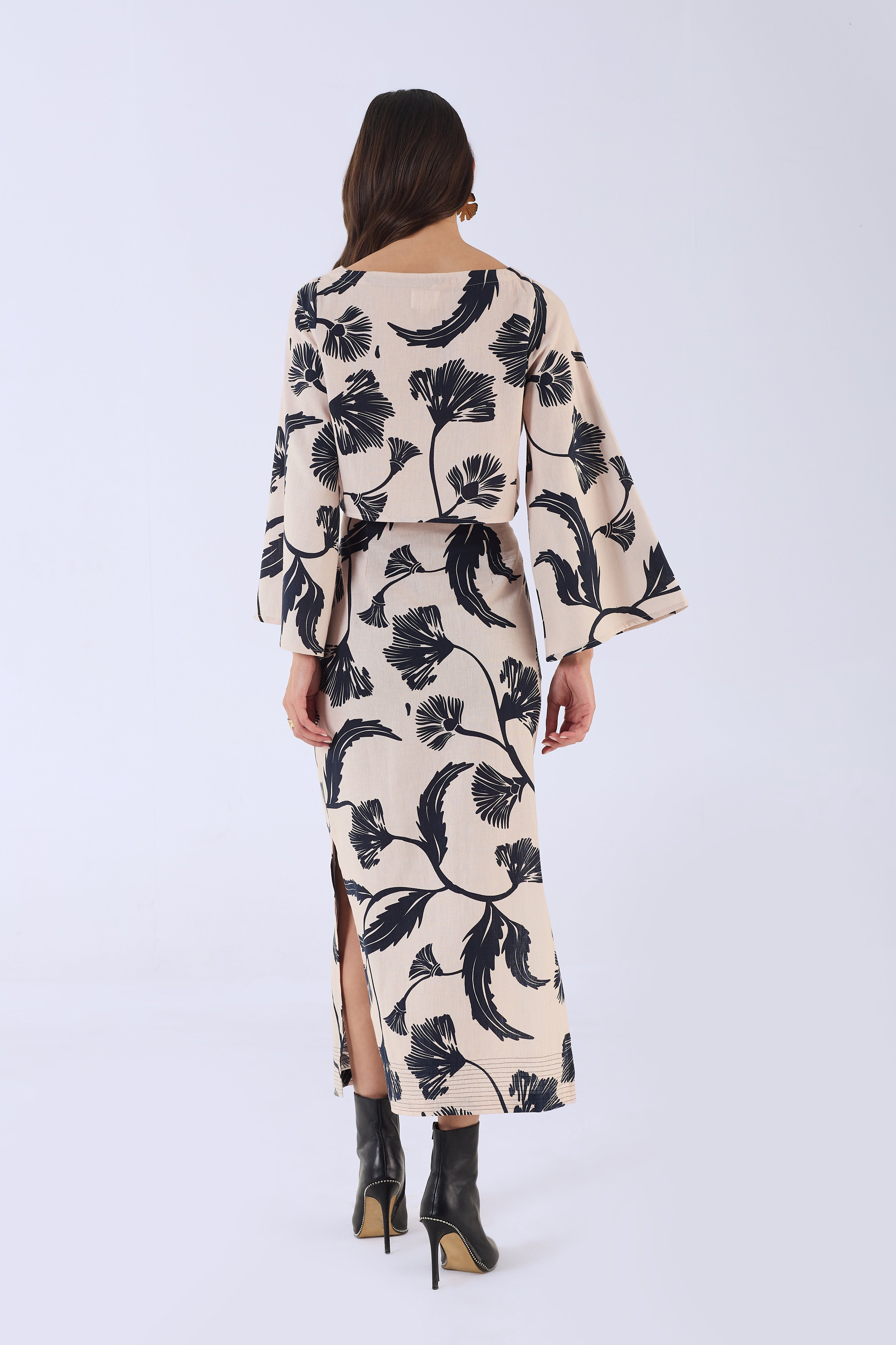 Aspen Skirt by Beyond by Vera showing side slit and maxi length hem