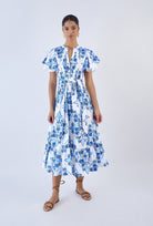 Aqua Nautilus print midi dress with V-neck and short sleeves by Beyond by Vera, front view