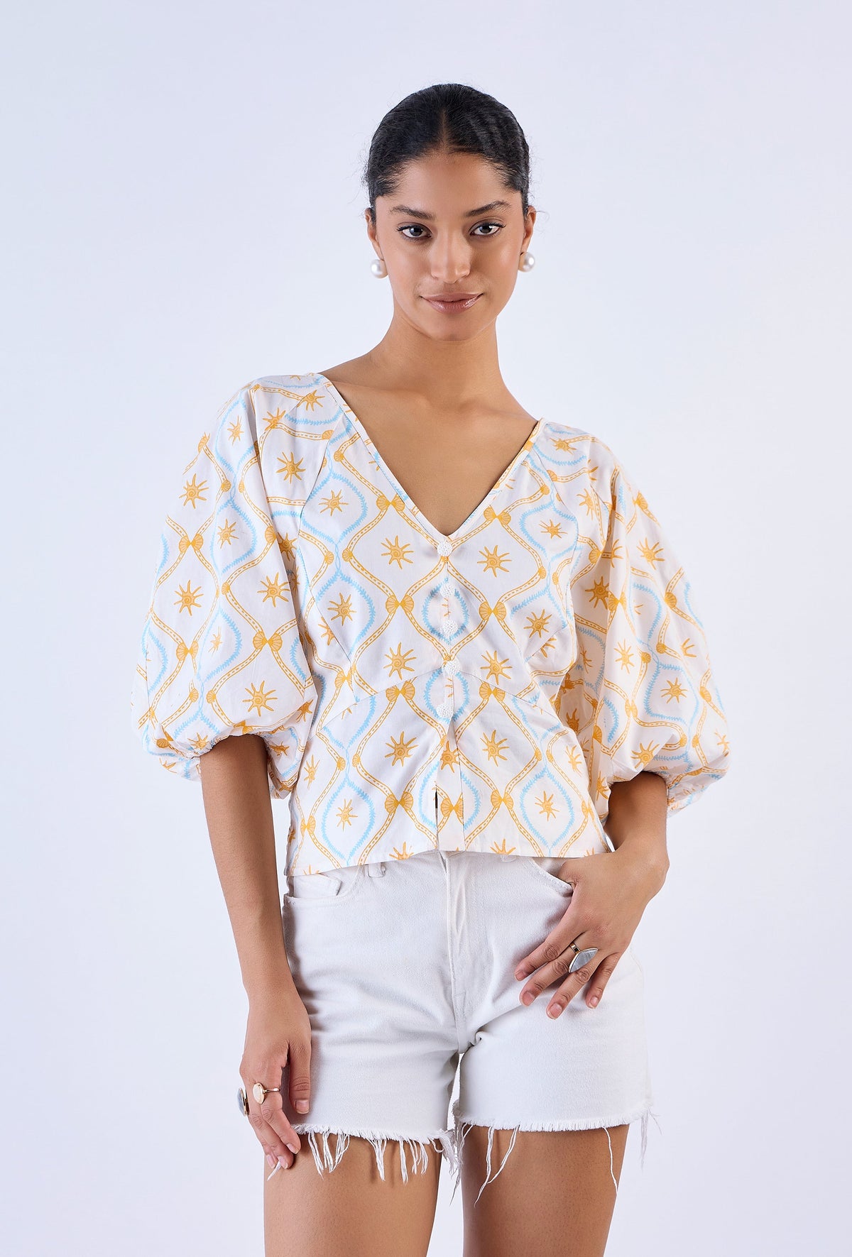 Multicolor Treasures print cotton poplin blouse by Beyond by Vera, front view
