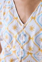 Cotton poplin Vivi blouse with raglan balloon sleeves, three-quarter view