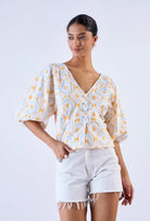 Beyond by Vera blouse with elasticated cuffs and pearl buttons, detail view