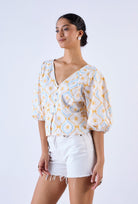 Treasures print blouse by Beyond by Vera with V-neckline, close-up view