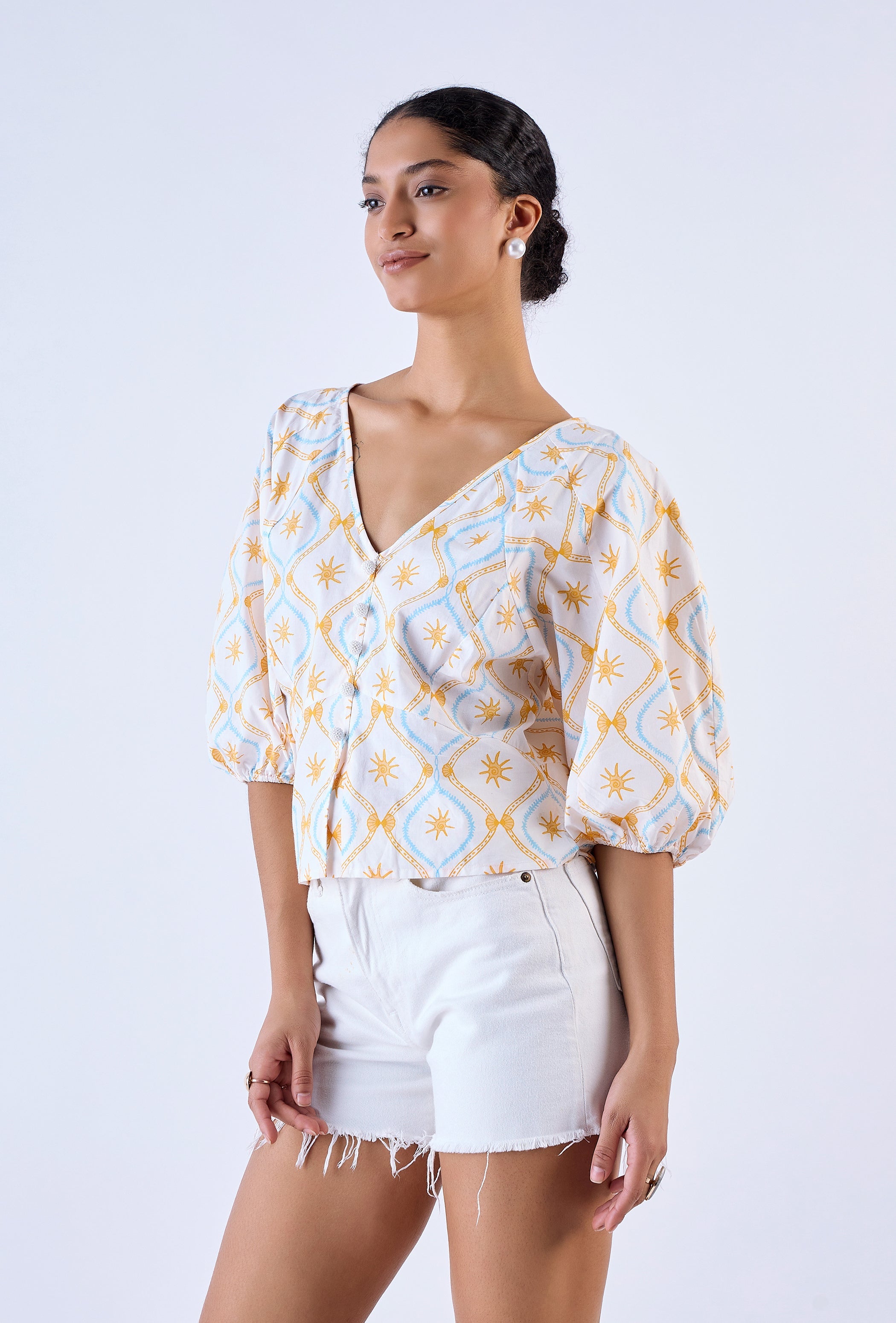 Treasures print blouse by Beyond by Vera with V-neckline, close-up view