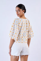 Beyond by Vera cotton poplin blouse with balloon sleeves, rear angle