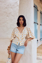 Vivi blouse with hand-sewn pearl button detail by Beyond by Vera, close-up