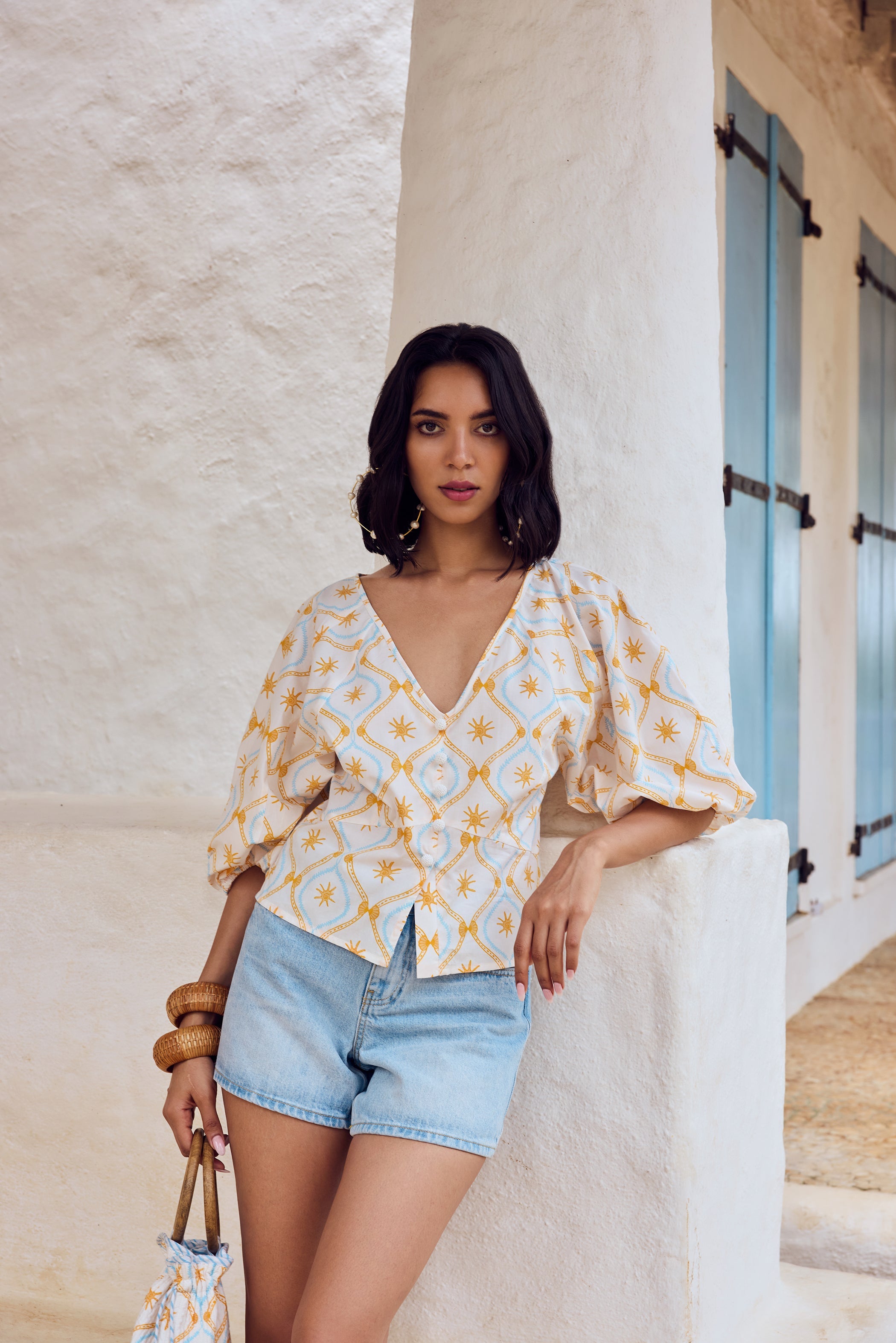 Vivi blouse with hand-sewn pearl button detail by Beyond by Vera, close-up