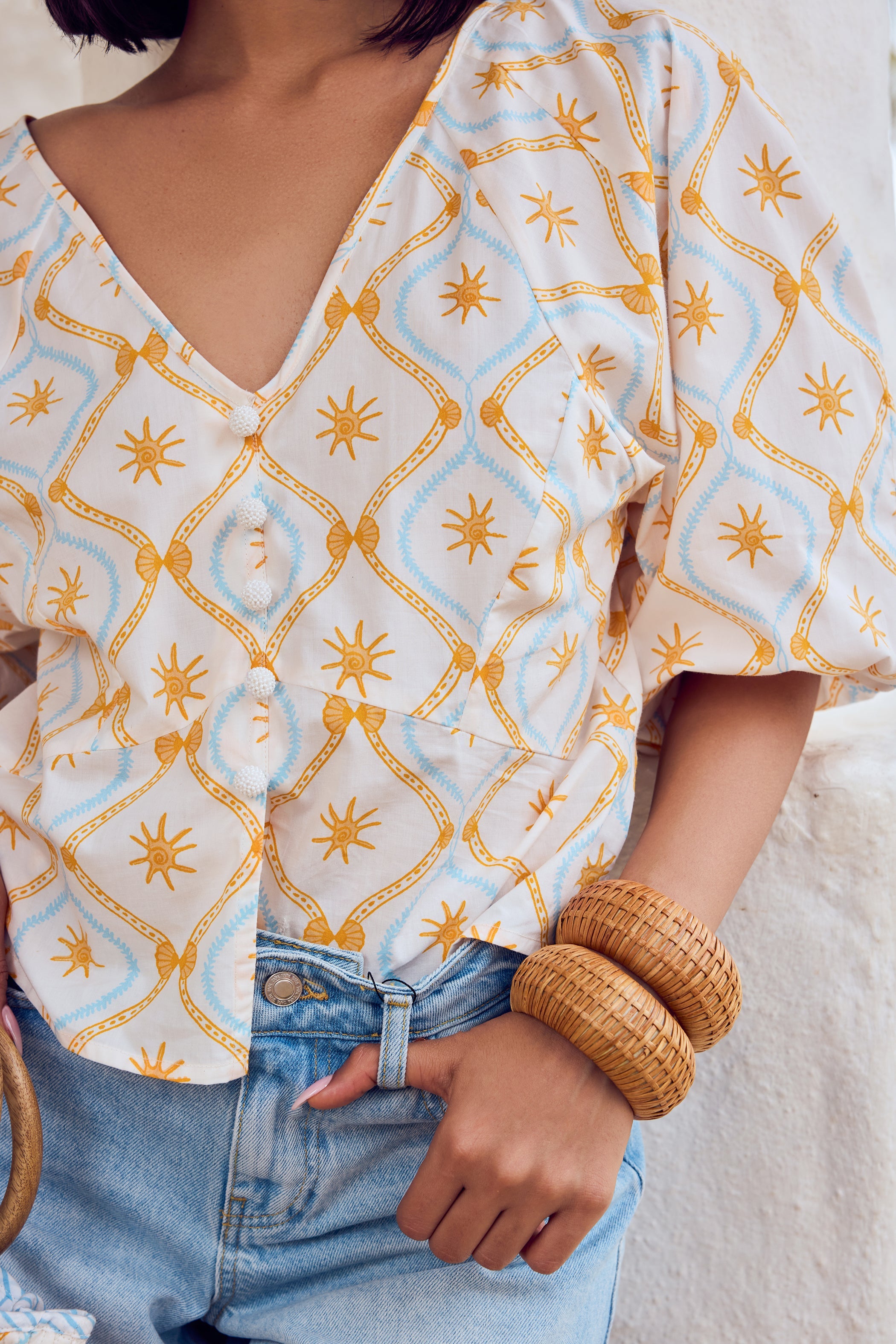 Beyond by Vera Treasures print blouse with elasticated cuffs, full view