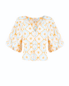 Treasures print cotton poplin blouse by Beyond by Vera, flat lay detail