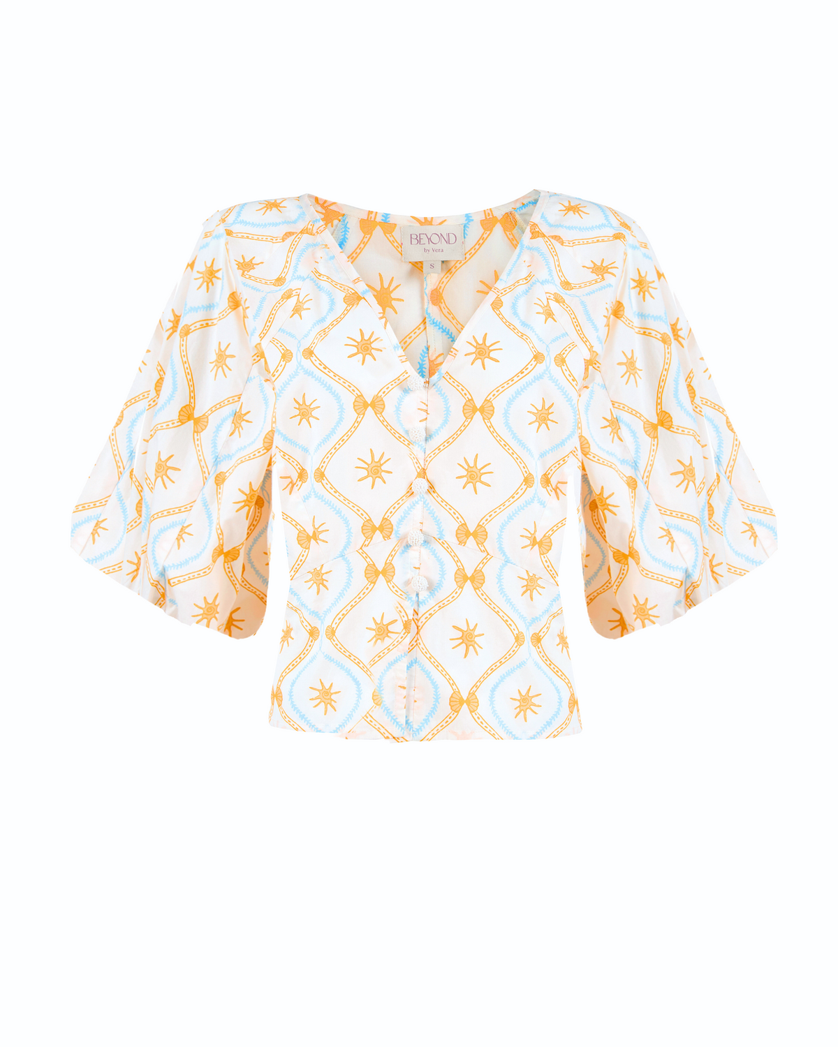 Treasures print cotton poplin blouse by Beyond by Vera, flat lay detail