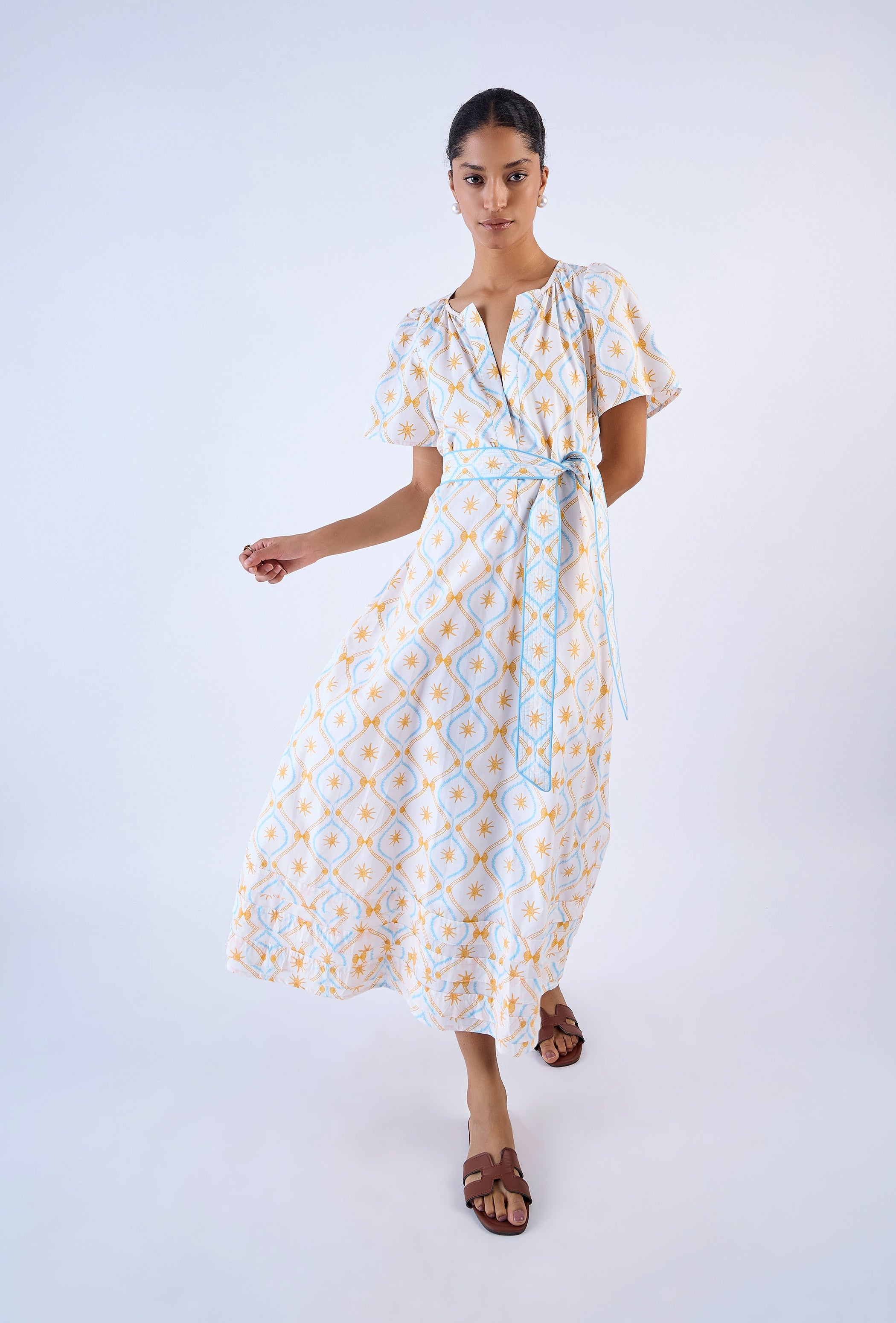 Multicolor Treasures print midi dress by Beyond by Vera, adjustable V-neckline detail