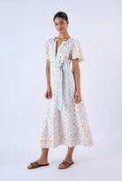 Multicolor Treasures print midi dress by Beyond by Vera, semi-puff sleeve detail