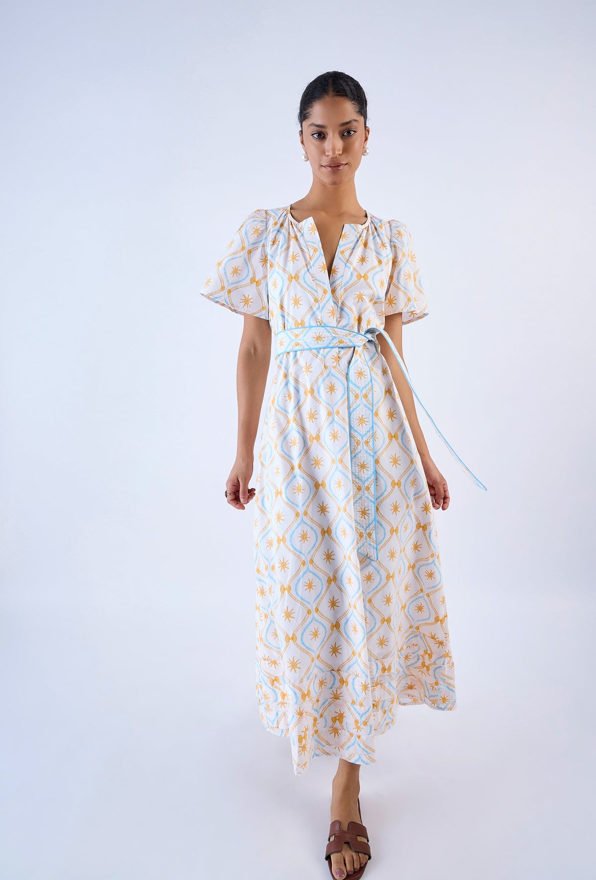 Multicolor Treasures print midi dress by Beyond by Vera, A-line skirt with pin-tuck detail