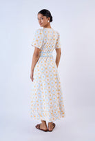 Multicolor Treasures print midi dress by Beyond by Vera, waist belt detail