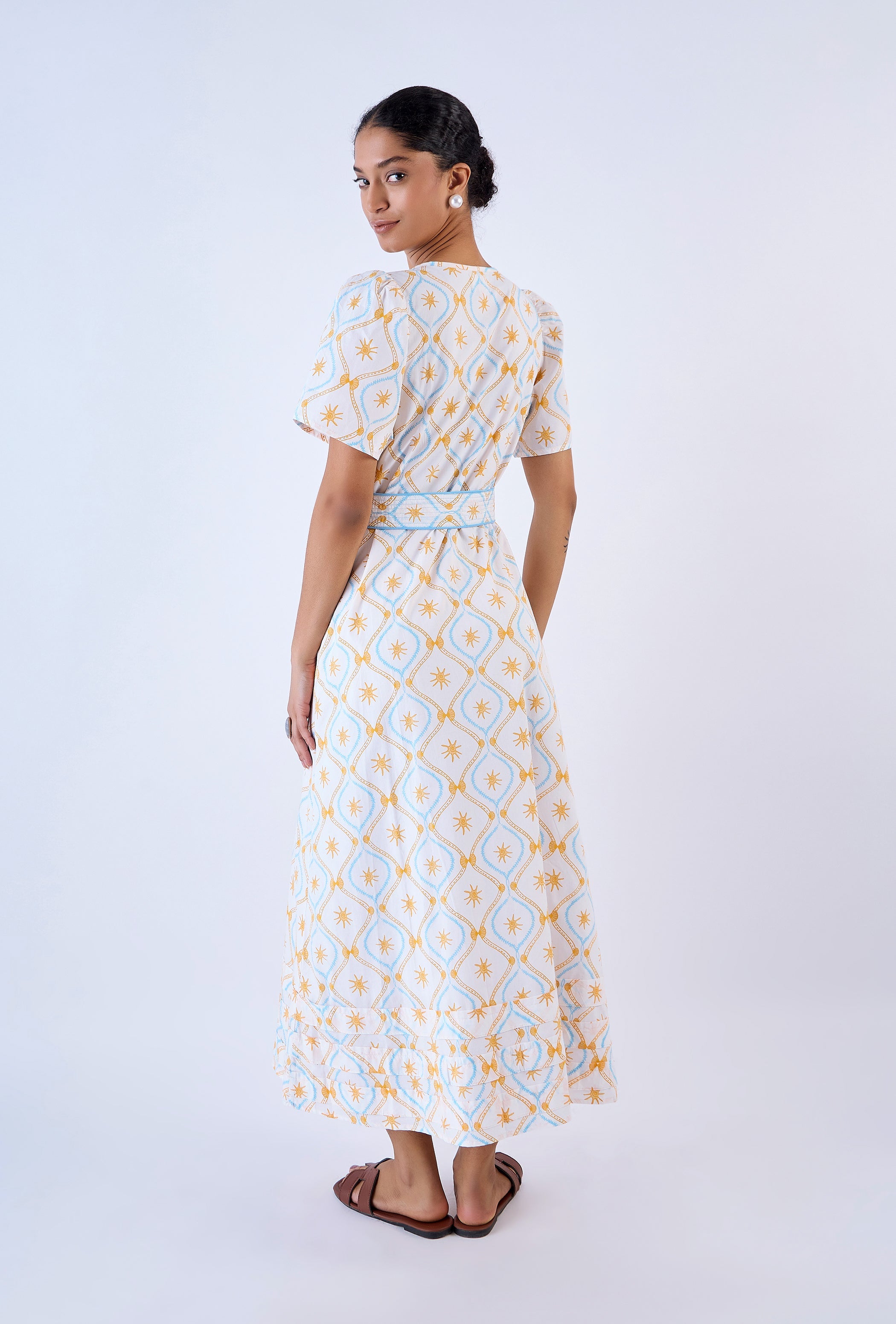 Multicolor Treasures print midi dress by Beyond by Vera, waist belt detail